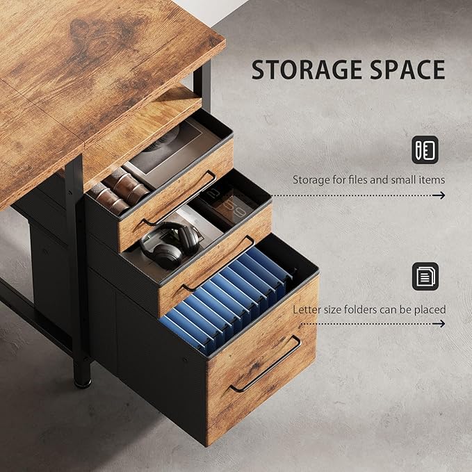 55" Computer Desk with Drawers, Desks for Bedrooms, Writing Desk with Storage, Work Desk for Small Space, Rustic Brown