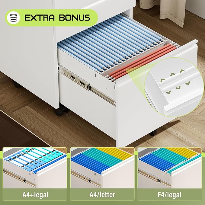 Crownland Office Mobile File Cabinet with Lock, Metal Filing Cabinets with 3 Drawers for Home Office, Lockable File Cabinet for Legal/Letter/A4/F4 Size(White)