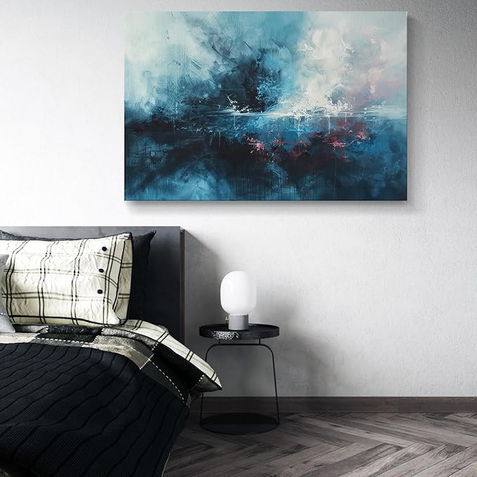 gaosoul Modern Abstract Canvas Wall Art Blue Graffiti Painting on White Background Stylish Framed Minimalism Artwork Prints for Living Room Bedroom Office Decor 48x32in