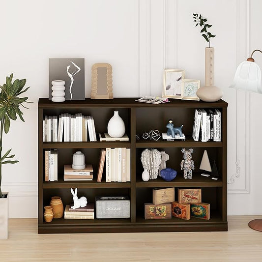 blini Bookshelf Double Wide 64 in 3-Tier 6 Cube Storage Organizer Wooden Bookcase for Bedroom and Home Office Decor Display