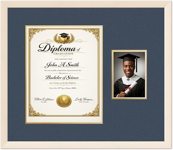 CountryArtHouse Fits 11 x 14 College Diploma (Portrait) and 5 x 7 Photo Diploma and Photo Frame Coastal Whitewash Genuine Hardwood with Navy Blue Over Metallic Gold Double mat