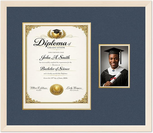 CountryArtHouse Fits 11 x 14 College Diploma (Portrait) and 5 x 7 Photo Diploma and Photo Frame Coastal Whitewash Genuine Hardwood with Navy Blue Over Metallic Gold Double mat