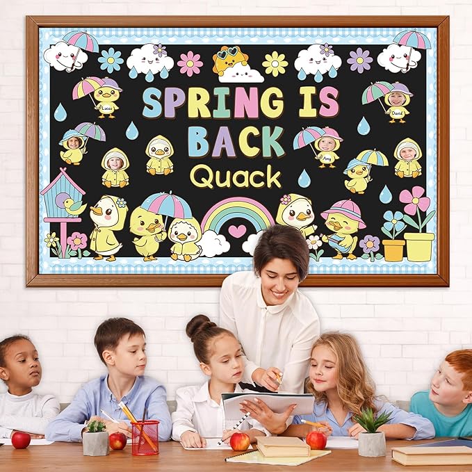 Spring is Back Bulletin Board Set Quack Duck Classroom Decoration Spring Bulletin Board Ducks Rainbow Cloud Photo Craft Cutouts for School Classroom Back to School Door Chalkboard Wall Decor