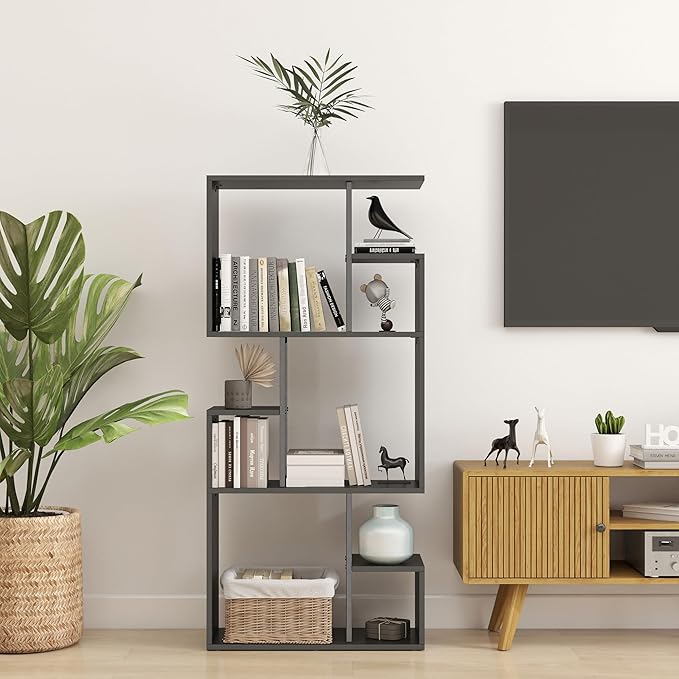 Manora 3 Tier Geometric Bookcase, S Shaped Bookshelf, Modern Black Brown Bookcase with Tall Display Shelves, Decorative Storage Shelf for Living Room and Bedroom