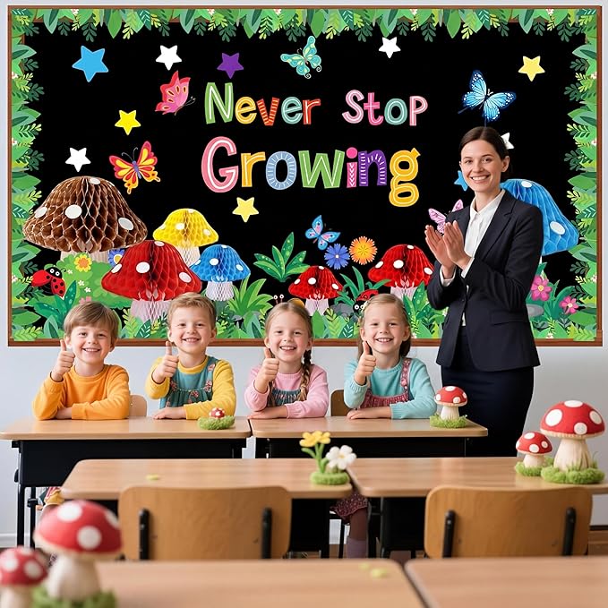 Pajean Spring Bulletin Board Decorations with 3D Mushroom Honeycomb Balls Never Stop Growing Paper Cutouts March April Classroom Bulletin Board for Motivational Library Reading Chalkboard Wall Decor