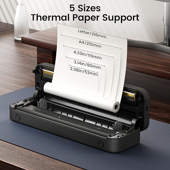 Portable Printer, 300DPI Wireless Bluetooth Thermal Printers, Support Multi-Size Thermal Paper, Compatible with iOS, Android & PC, Inkless Mobile Printer for Travel, Office, School, Gray