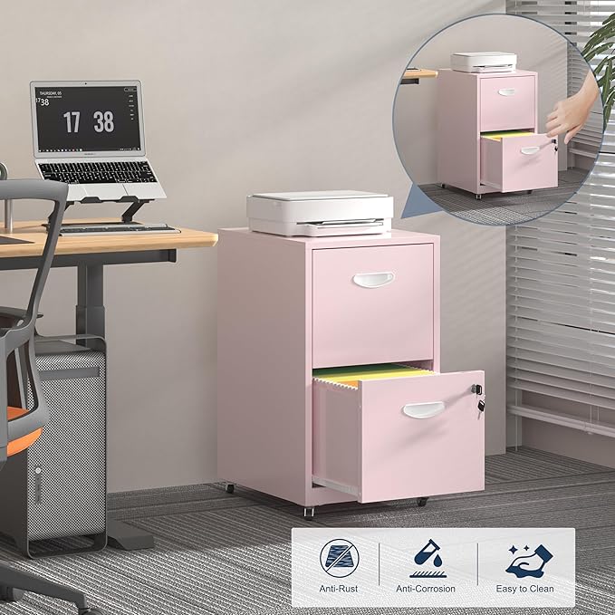 2 Drawer File Cabinet with Lock, Filing Cabinets with Wheels, Rolling File Cabinets for Home Office, Metal Office File Cabinet, for Holding Letters and File Boxes, Assembly Required, Pink