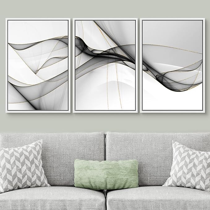 SIGNWIN Framed Canvas Print Wall Art Set Pastel Gray Geometric Smoke Wave Abstract Shapes Illustrations Modern Art Decorative Nordic Zen Chic for Living Room, Bedroom, Office - 24"x36"x3 White