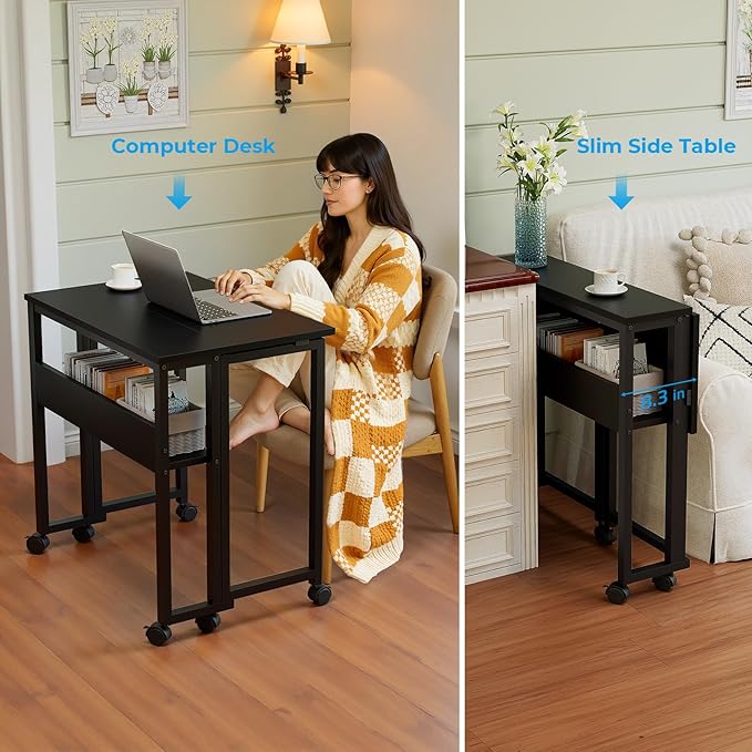 GreenForest Folding Desk Small Rolling Desk with Storage Shelf,24.8 inch Foldable Computer Desk with Wheels for Small Space,Easy Assembly,Black