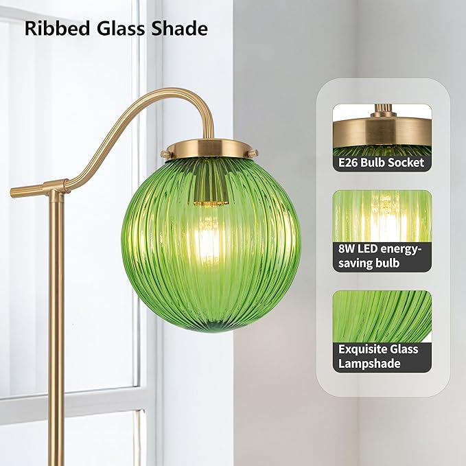 MAYNA Globe Floor Lamp, Emerald Green Round Glass Standing Lamp with Built-in Timer Switch, Gold Tall Vintage Lamps for Living Room Bedroom, 2700K LED Bulb Included