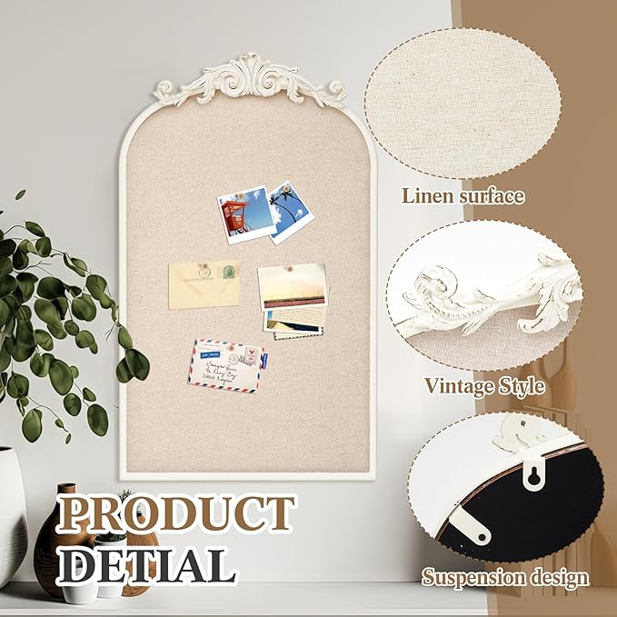 Vintage Framed Pin Board Linen Display Bulletin Board Large Cork Fabric Picture Photo Pinboard Memo Ornate Decorative Pinboard Ornate for Wall Gift(Arch,19" X 31",Vintage White)