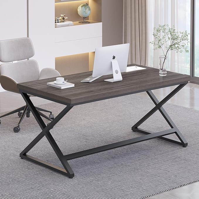 IBF Grey Home Office Desk, Modern Computer Desk for Writing Study, Wood Metal Rustic Pc Gaming Executive Work Desk, Industrial Workstation Computer Table in Bedroom, Dark Gray Oak, 55 Inch