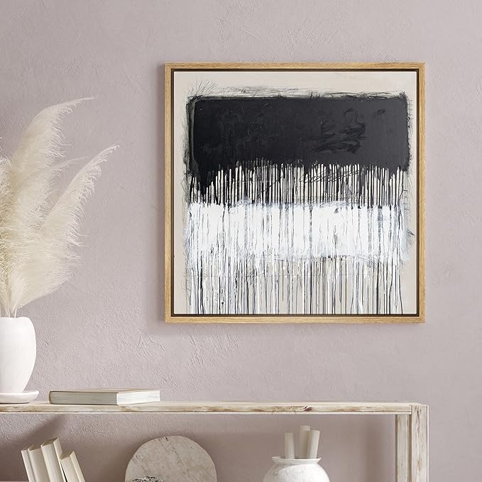 SIGNWIN Framed Canvas Print Wall Art Dripping Black & White Color Blocks Abstract Shapes Modern Art Alternative Dark for Living Room, Bedroom, Office - 24"x24" Natural