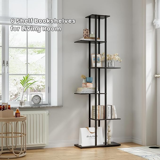 6 Tier Corner Bookshelf，Slim Open Bookshelf，Small Book Shelf for Small Spaces，Living Room, Home Office, 9.45 x 20.8 x 62.2 Inches,（1PC+Rustic Borwn