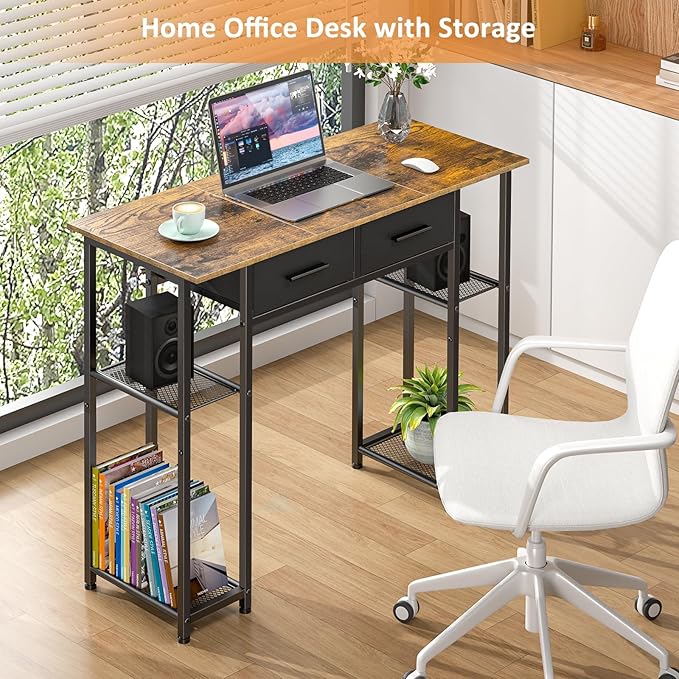 Computer Desk with Drawers, 37.3 Inch Home Office Work Desk with Storage Shelf, Kids Teens Study Table for Small Space, Small Writing PC Table for Bedroom Makeup Vanity Desk, Brown