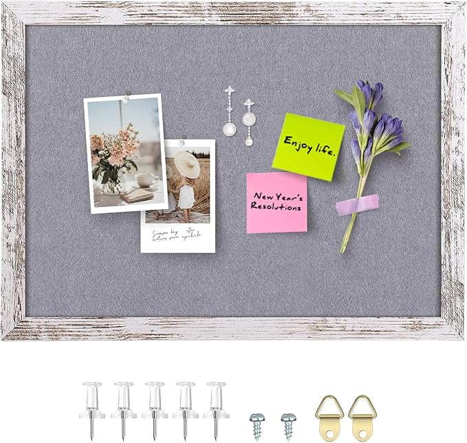 Gray Felt Bulletin Board, 17x13 inches Decorative Hanging Bulletin Boards for Walls with White Rustic Wood Frame, Pin Board Vision Board for Office Home School with Pins (4333,WH,1pc)