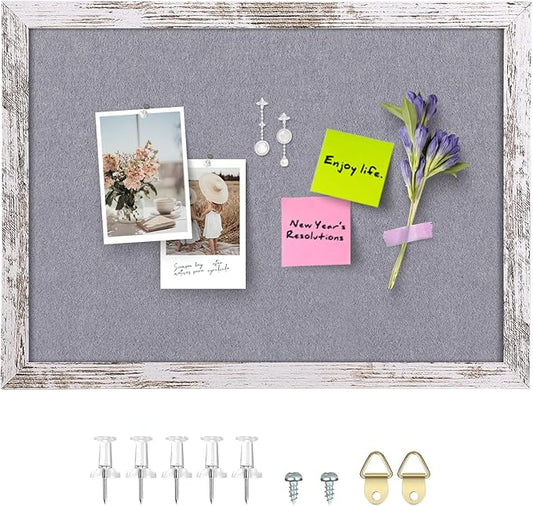 Gray Felt Bulletin Board, 17x13 inches Decorative Hanging Bulletin Boards for Walls with White Rustic Wood Frame, Pin Board Vision Board for Office Home School with Pins (4333,WH,1pc)
