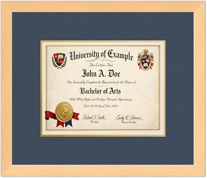 CountryArtHouse Diploma Frame Fits 11 x 8.5 US Letter Certificate - Keepsake Graduation Display Natural Wood Genuine Hardwood with Navy Blue Over Metallic Gold Double mat