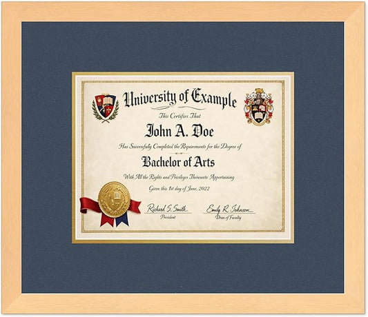 CountryArtHouse Diploma Frame Fits 11 x 8.5 US Letter Certificate - Keepsake Graduation Display Natural Wood Genuine Hardwood with Navy Blue Over Metallic Gold Double mat