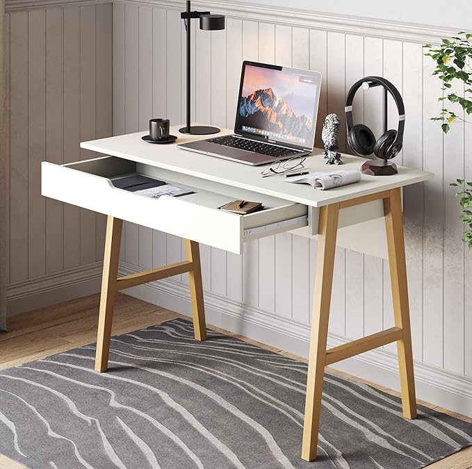 Modern Design Parma Small Desk for Bedroom, White Writing Desk 42 Inch with Drawer, by Crafts and Comfort