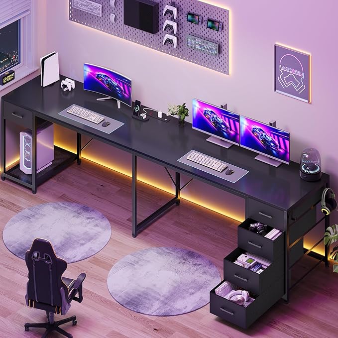 57" L Shaped Desk with 5 Drawers, Reversible Computer Corner Desk with Storage & Power Strip for Home Office, 78.7" Long 2 Person Desk, Black
