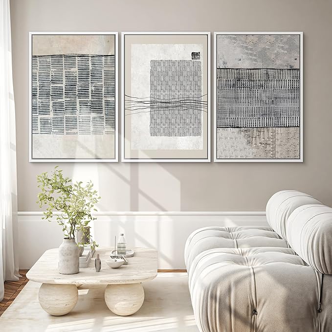SIGNWIN Framed Canvas Print Wall Art Set Black Tan Industrial Line Art Pattern Abstract Shapes Cozy Neutral Decorative Contemporary Minimal for Living Room, Bedroom, Office - 16"x24"x3 White