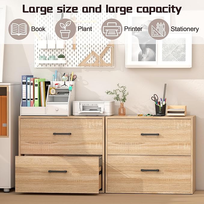 2 Drawer File Cabinet, Wood Lateral Filing Cabinet, Office File Cabinets for Letter/Legal Size, Printer Stand with Storage Drawer for Home Office, Oak