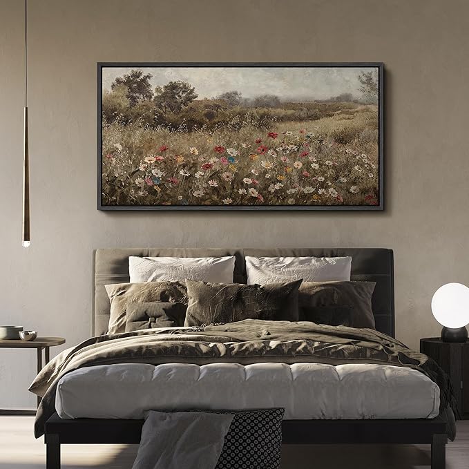 SIGNFORD Extra Large Framed Canvas Wildflower Meadow in Soft Fog Vintage Nature Illustrations Modern Art Calm Warm for Living Room, Bedroom, Office - 60"x30"
