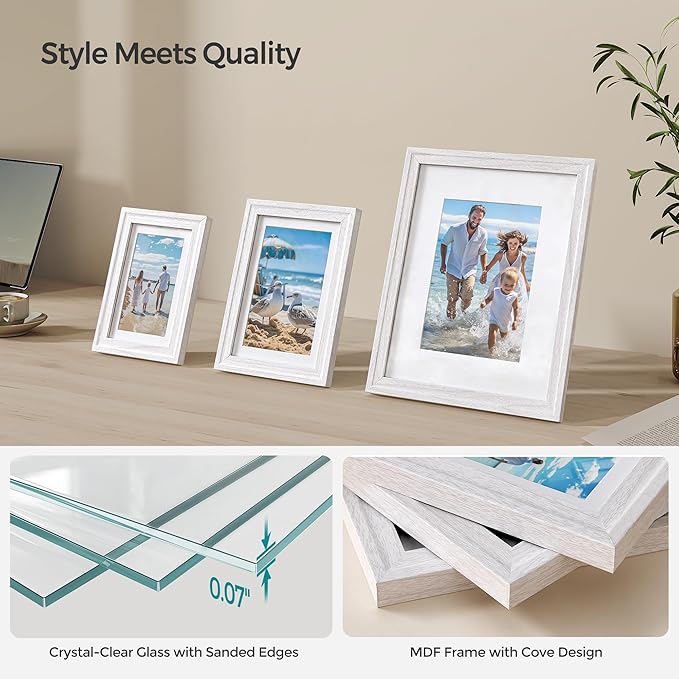 SONGMICS Picture Frames with 16 Mats, Set of 10 Collage Photo Frames, Two 8x10, Four 5x7, Four 4x6 Frames, Hanging or Table Display, Glass, 12 Non-Trace Nails, Cloud White URPF049W01