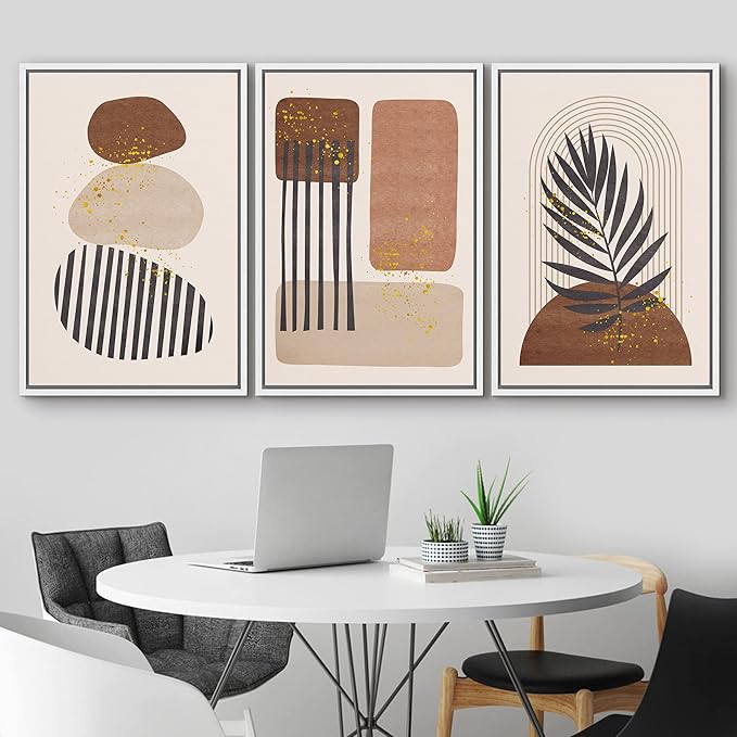 IDEA4WALL Framed Canvas Print Wall Art Set Geometric Mid-Century Pastel Polygon Tropical Leaf Abstract Shapes Illustrations Modern Art Nordic for Living Room, Bedroom, Office - 24"x36"x3 White