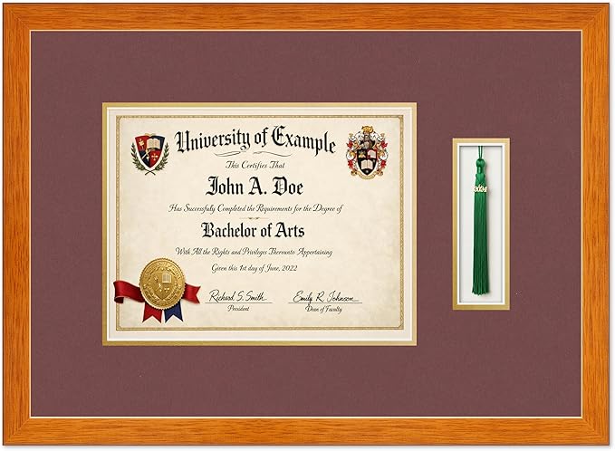 Diploma and Tassel Frame Fits 11 x 8.5 US Letter Certificate with Tassel Hook Honey Oak Genuine Hardwood Shadowbox with Dark Red Over Metallic Gold Double mat