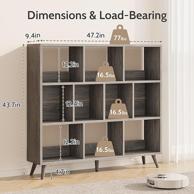 10 Cube Bookshelf, 3 Tier Wooden Book Shelf, Modern Black Short Bookcase with Solid Wood Legs, Small Book Cases Vintage Wide Storage Organizer with Open Shelf for Kids, Small Spaces, Bedroom, Office