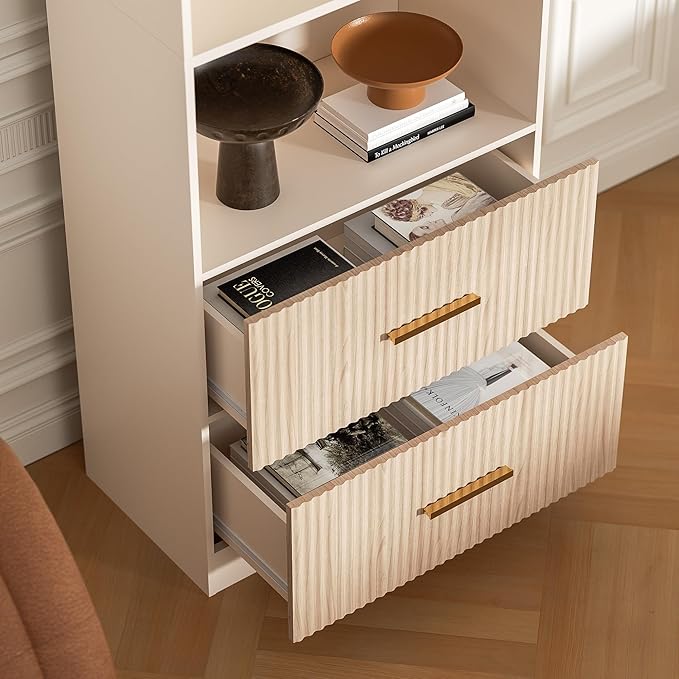 Oak Bookshelf with Drawers, 63" Tall Book Shelf with Storage, 3 Shelf Bookcase with Adjustable Shelf, 3 Tier Modern Book Shelf, Open Shelves Bookcase, Unique Bookshelf Home Office, Oak