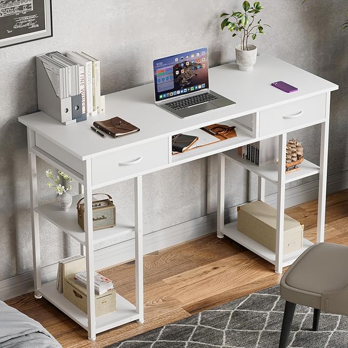 Sweetcrispy Desk with 3 Fabric Drawers, Computer Office 48 Inch Gaming Writing Study 4 Storage Shelves Table for Home Office Bedroom PC Desk, White