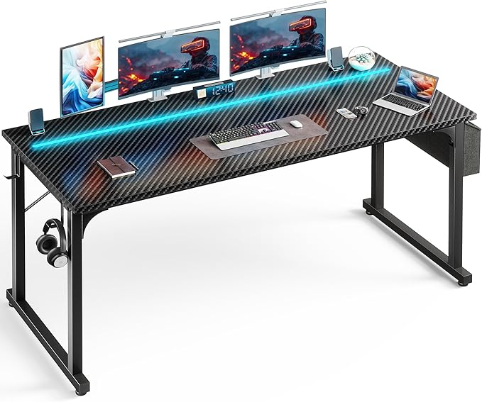 63 Inch Computer Desk with LED Lights, Office Desk for Home Office, Study Desk Writing Table with Storage Bag, Headphone Hook, Black