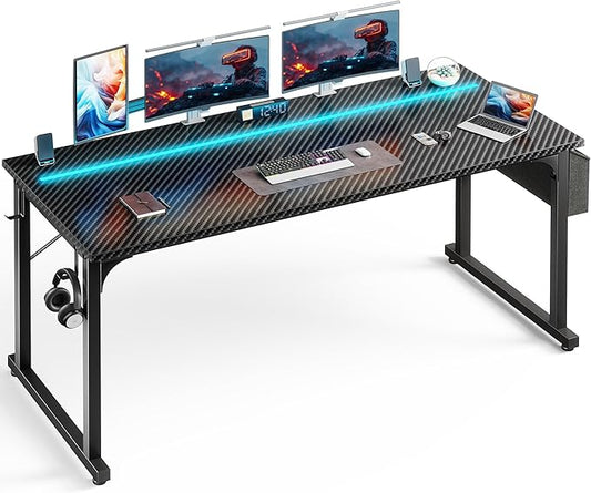 63 Inch Computer Desk with LED Lights, Office Desk for Home Office, Study Desk Writing Table with Storage Bag, Headphone Hook, Black