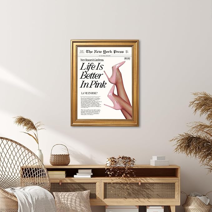 Trendy Baby Pink Hot Girl Poster Life Is Better In Pink Newspaper Wall Art Retro High Heel Picture 70s News Headline Canvas Prints Aesthetic Decor for Girly Bedroom Dorm 24x36inch Vintage Framed