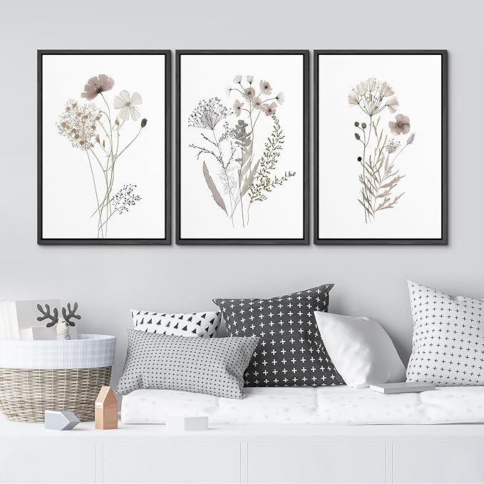 MUDECOR Framed Canvas Print Wall Art Watercolor Wildflower Art Print, Floral Botanical Prints, Minimalist Art, Modern Farmhouse for Bedroom - 24"x36"x3 Black