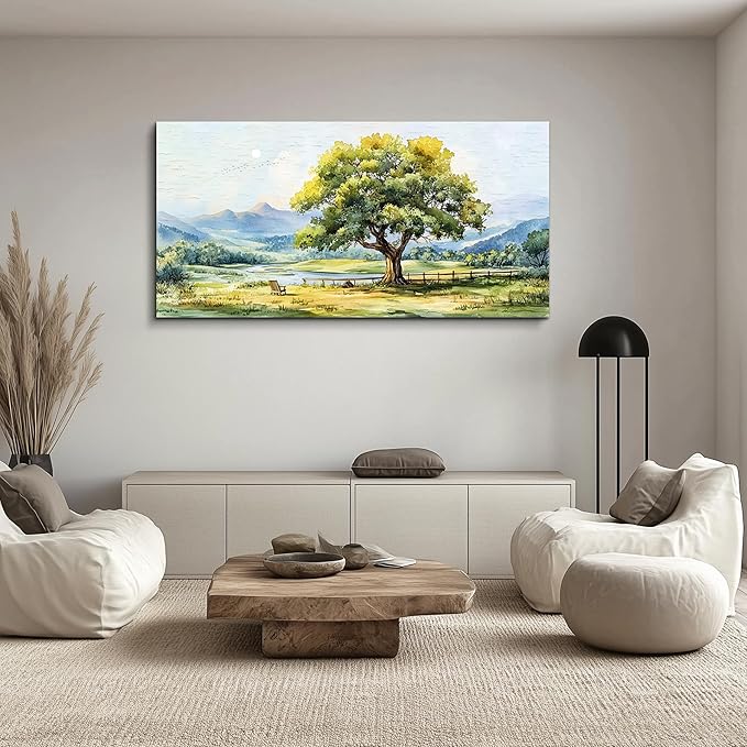 QIYILEXWART Large Wall Decor For Living Room Canvas Wall Art For Office Modern Wall Decorations For Bedroom Green Tree Landscape Painting Farmhouse Pictures Artwork Room Home Decor 24x48 In