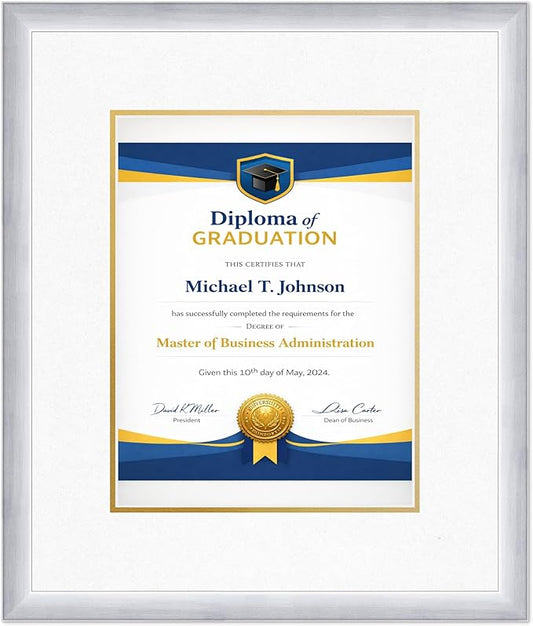 Diploma Frame Stainless Silver with Oyster Shell Over Gold Double Mat - Fits 10 x 13 College Diploma (Portrait Traditional) Wall Display Made in the USA