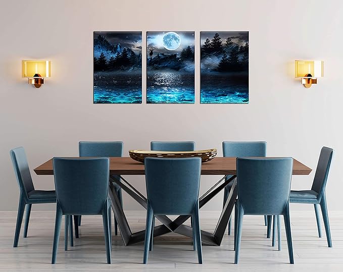 Aburaeart Moon - Deer Ocean Landscape Picture Wall Art For Living Room & Bedroom - 3 Piece Canvas Wall Decor - 16x24 Each Panel