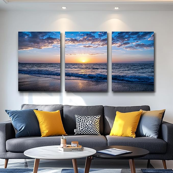 hyidecorart Set of 3 Wall Art Canvas Prints, Beach Sunrise Sunset Pictures Wall Decor Ocean Waves Nature Seascape Poster Coastal Landscape Painting for Living Room, Bedroom, Office Home Decor
