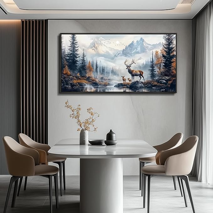 KELIYUAN Canvas Wall Art For Living Room Black Framed Wall Decor For Bedroom Office Prints Pictures Elk Foggy Mountain Landscape Painting Scenery Stretched and Framed Wall Art Home decor 20"X40"