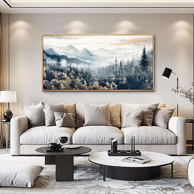 hyidecorart Large Canvas Wall Decor For Office Wood Framed Wall Art For Living Room Modern Bedroom Home Decoration Fog Forest Landscape Abstract Wall Paintings Stretched and Framed Pictures Artwork