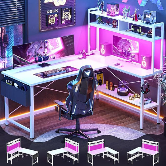 Aheaplus L Shaped Desk Gaming Desk, 59" L Shaped Computer Desk with LED Light & Power Outlet, Reversible Home Office Desk Gamer Desks with Shelves & Storage Bag & Hooks, Corner PC Desk, White