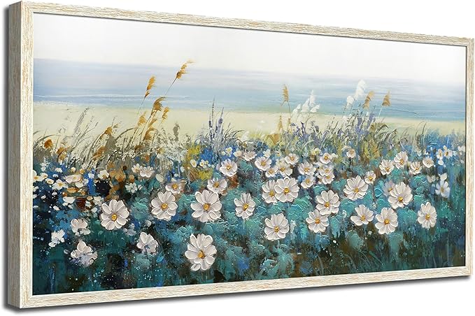 Arjun Flower Wall Art Canvas Framed Daisy Floral Textured Painting for Living Room, Bedroom Picture Artwork Dining Room Office Home Wall Decor, Large 40"x20"