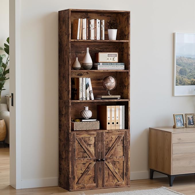 YESHOMY 71.5" Tall Bookshelf and Bookcase, Industrial Bookshelves and Bookcases with Doors, 4-Tier Floor Standing Tall Display Storage Cabinet with Doors for Home Office, Living Room, Brown, 1 PCS
