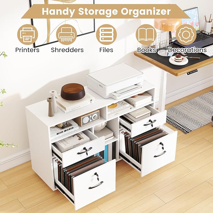 Giantex 4-Drawer Lateral File Cabinet with Lock, Adjustable Shelf, Open Components, 5 Rolling Wheels (2 Lockable), Fits Files A4/Letter Size, Mobile Filing Storage Organizer, Printer Stand (White)