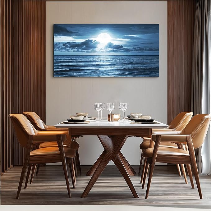 wall art for living room Decorations Photo Prints - blue sea view The moon Landscape - Modern Home Decor The room Stretched and Framed Ready to Hang artwork (Blue Ocean&Moon, 30x 60inch x 1pcs)