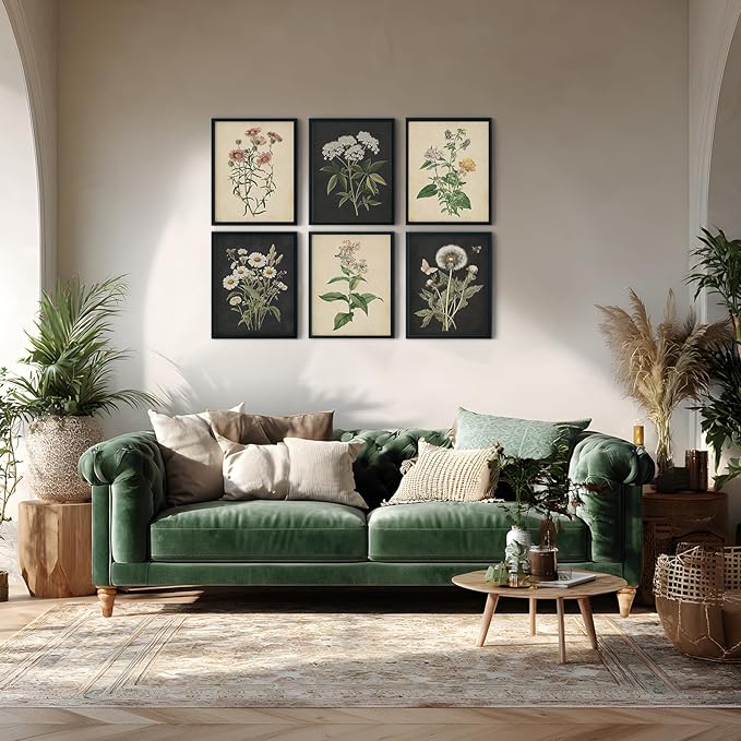 CEXYLVXR 6Pcs Vintage Botanical Wall Art Set Wildflower Herb Canvas Prints Rustic Farmhouse Wall Decor Pictures Dark Botanical Floral Painting for Living Room Bedroom Bathroom (8x10in Posters)